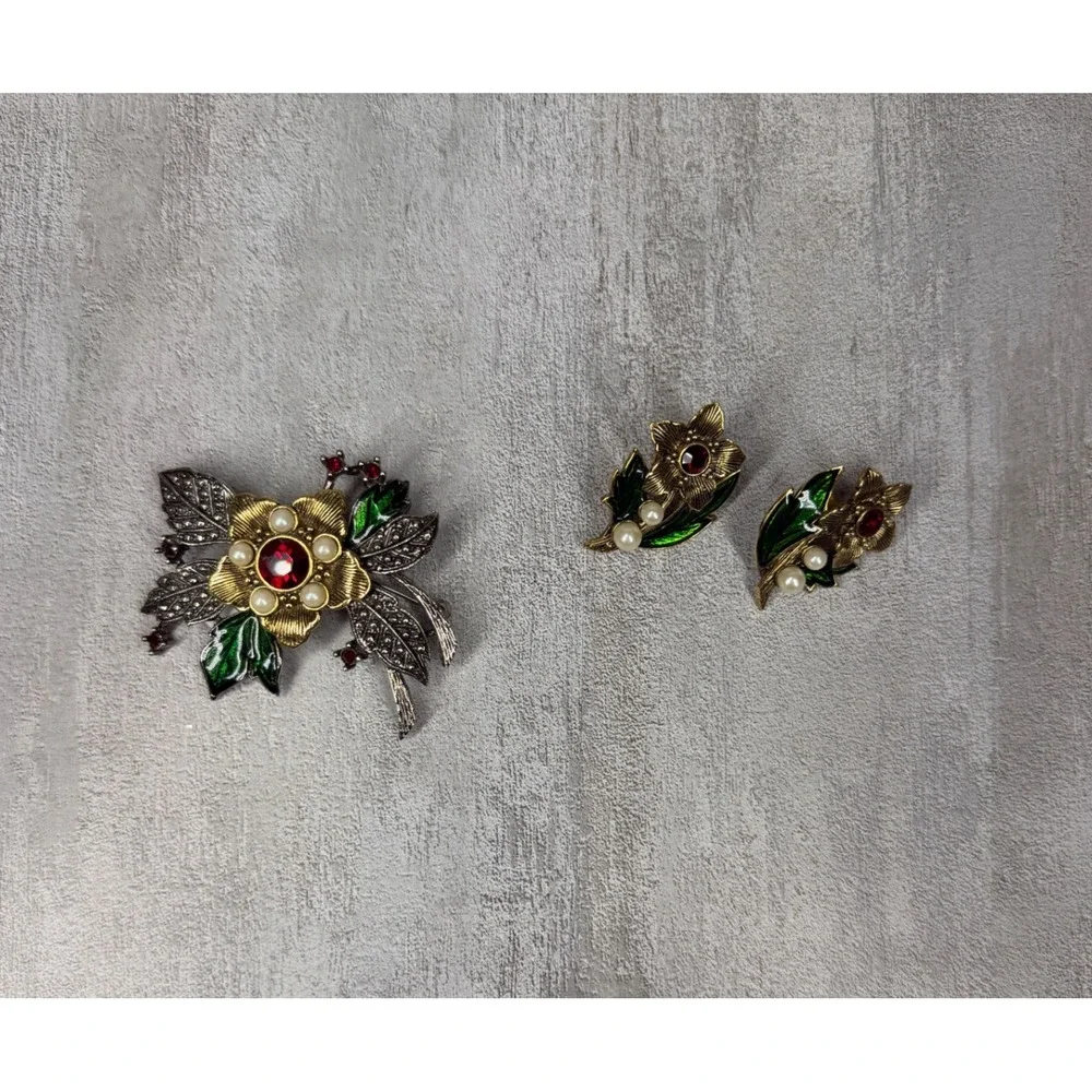 Vintage AVON Floral Brooch Earrings Set Gold Silver Tone Red Rhinestone Enamel